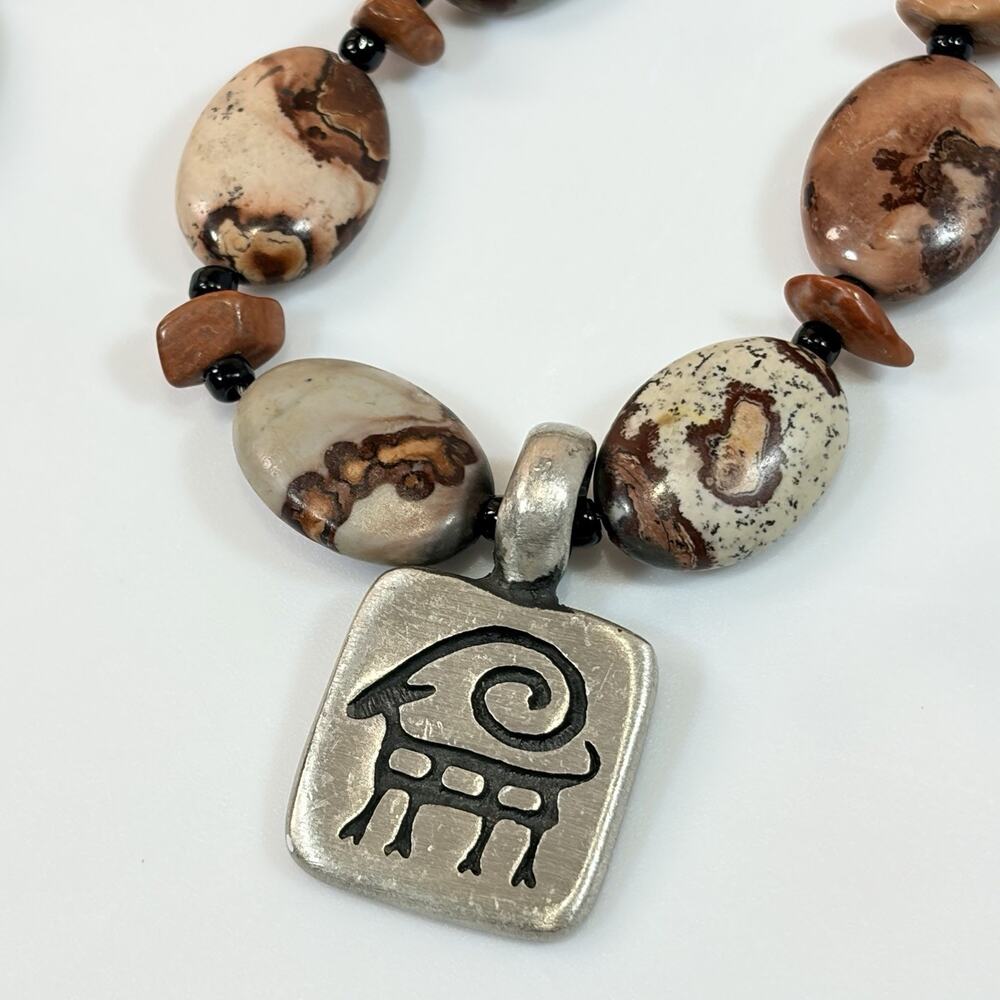 Fall Bohemian Leopard Jasper Gemstone Necklace Brown Beads Silver Ram Pendant